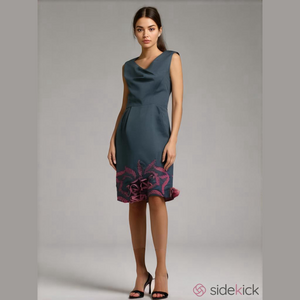 Vintage 1950's Black Sheath Dress with Embroidered Floral Hem